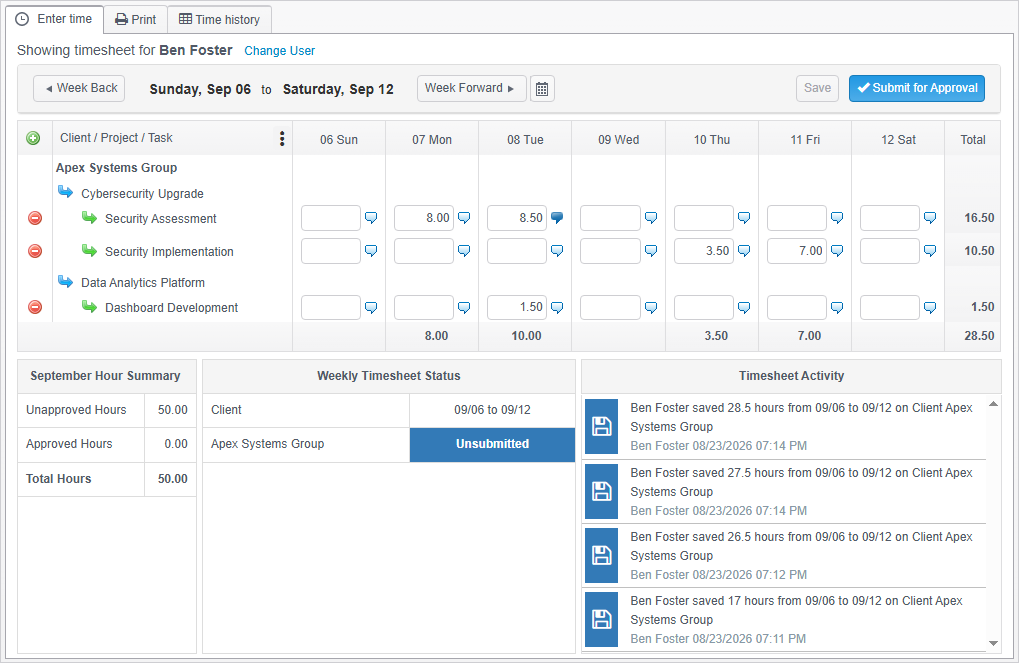 Timogix weekly timesheet showing time entered by client, project, and task